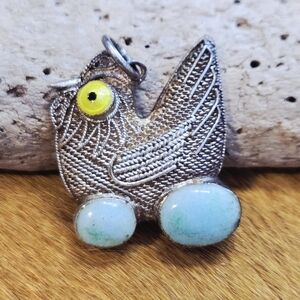Unique Sterling Silver Hen And Egg Pendant w/ Yellow and Green Accent Rare Find